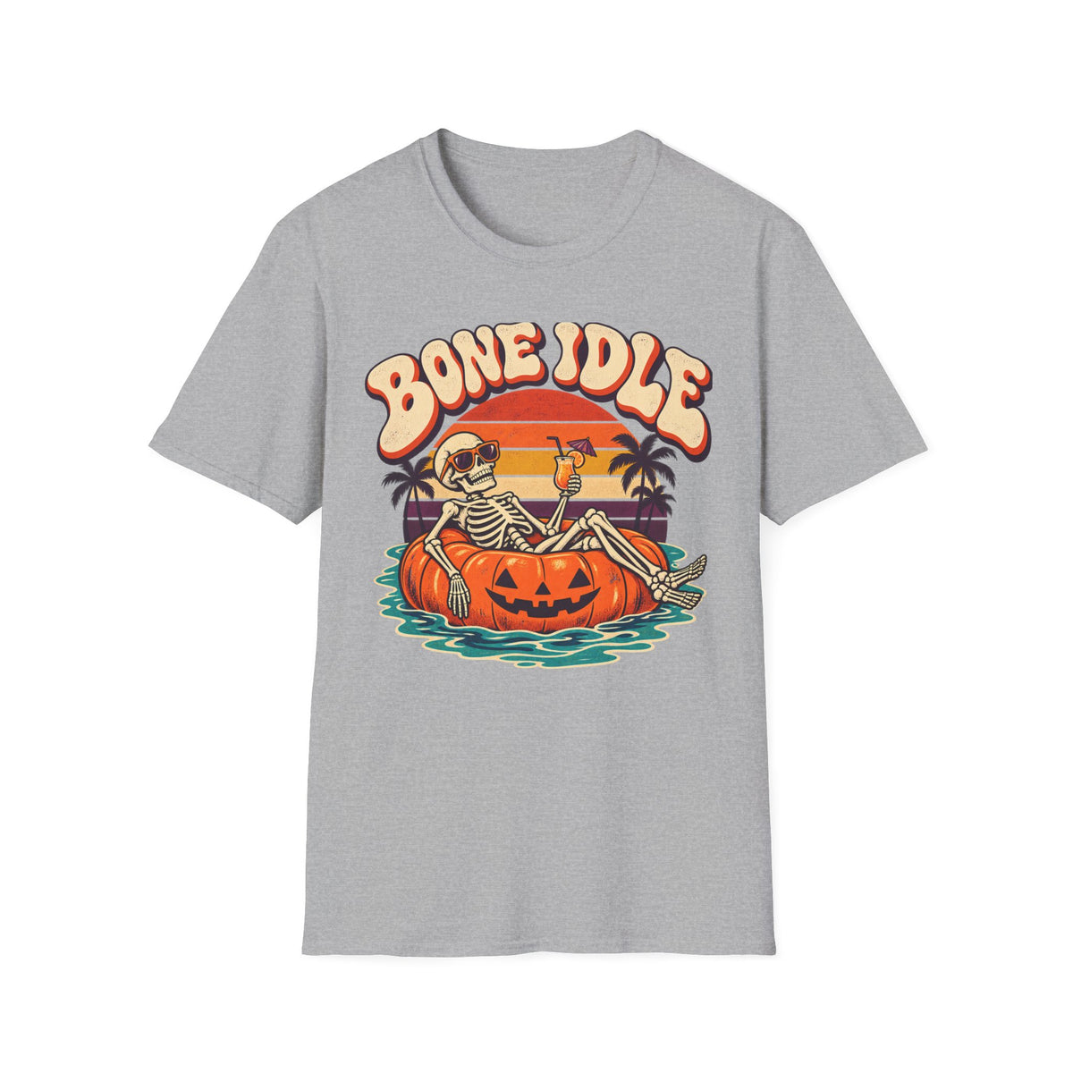 Bone Idle Skeleton Pumpkin T-Shirt — Retro Halloween Vacation Vibe