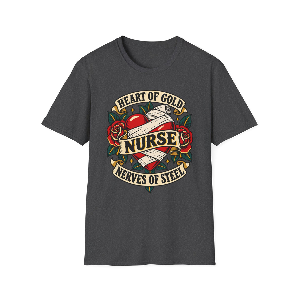 Nurse Tattoo Heart T-Shirt — "Heart of Gold, Nerves of Steel" Retro Nursing Tee