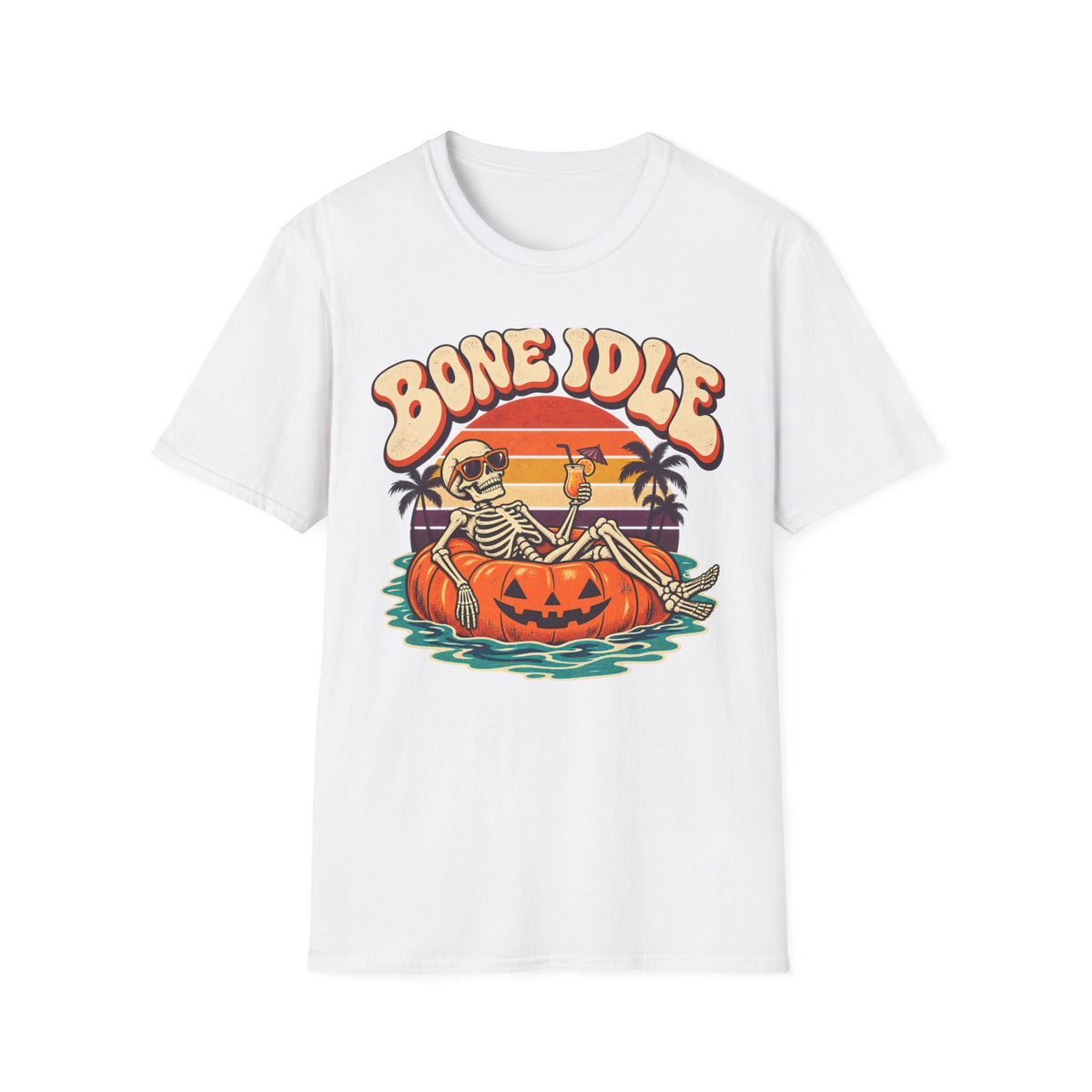 Bone Idle Skeleton Pumpkin T-Shirt — Retro Halloween Vacation Vibe