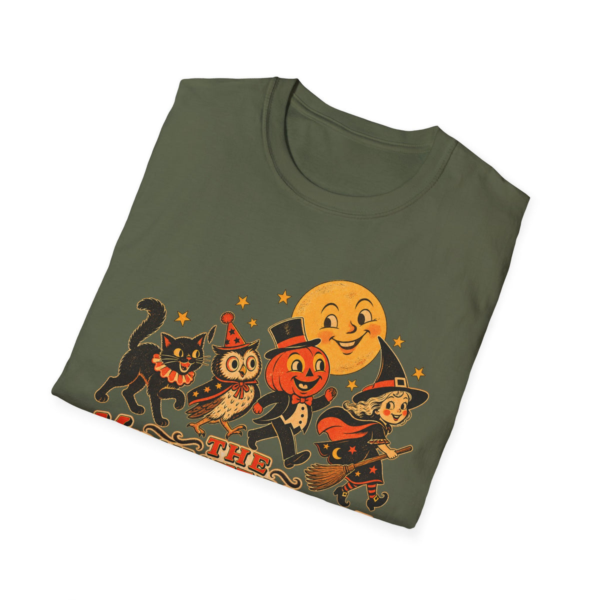 Midnight Parade Halloween T-Shirt — Retro Pumpkin, Witch & Black Cat Graphic