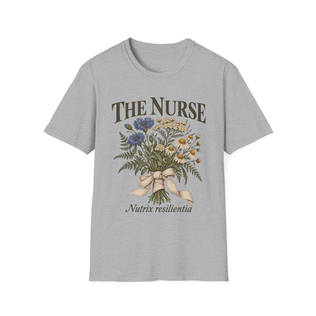 The Nurse Floral T-Shirt — Bouquet Design with 'Nutrix resilientia'