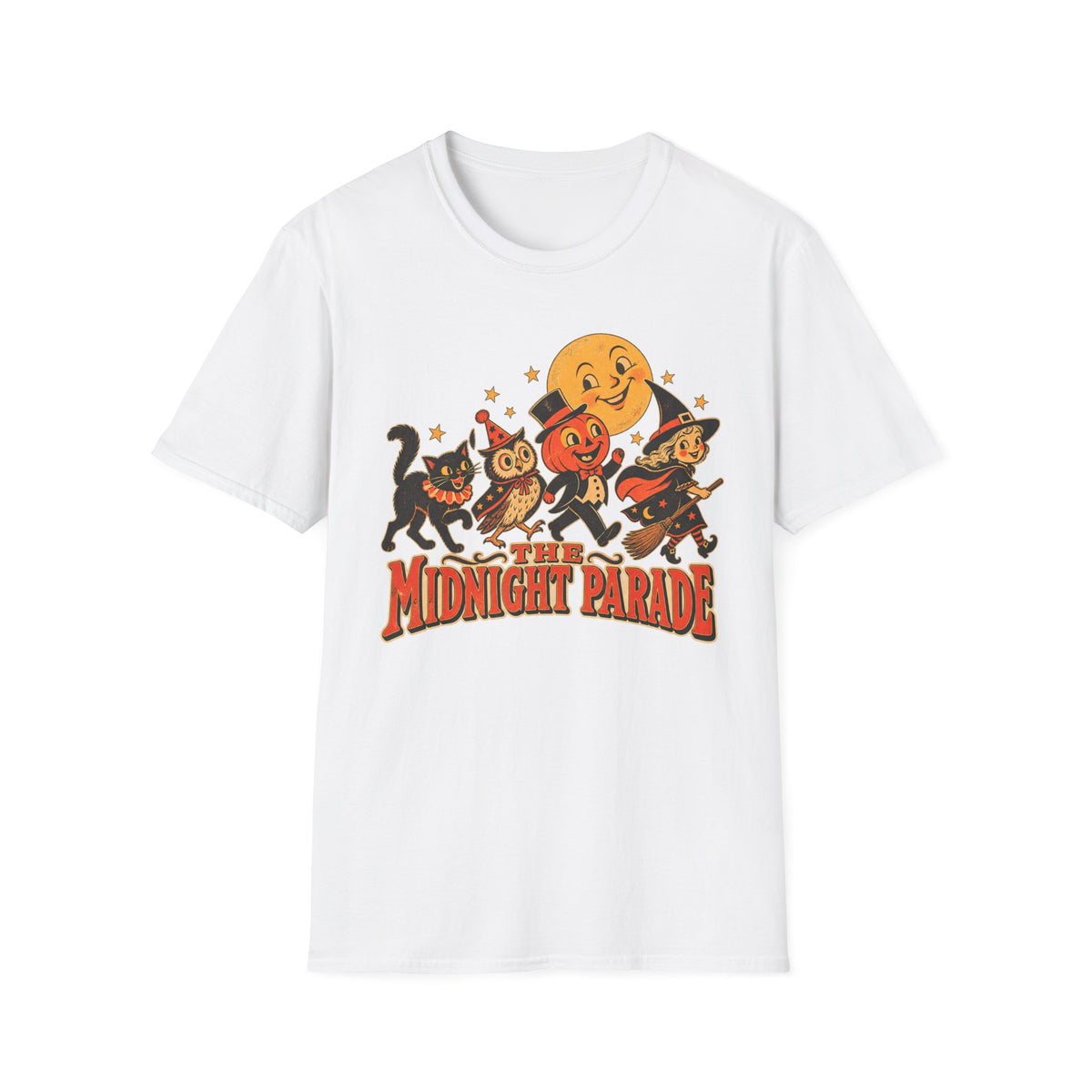 Midnight Parade Halloween T-Shirt — Retro Pumpkin, Witch & Black Cat Graphic
