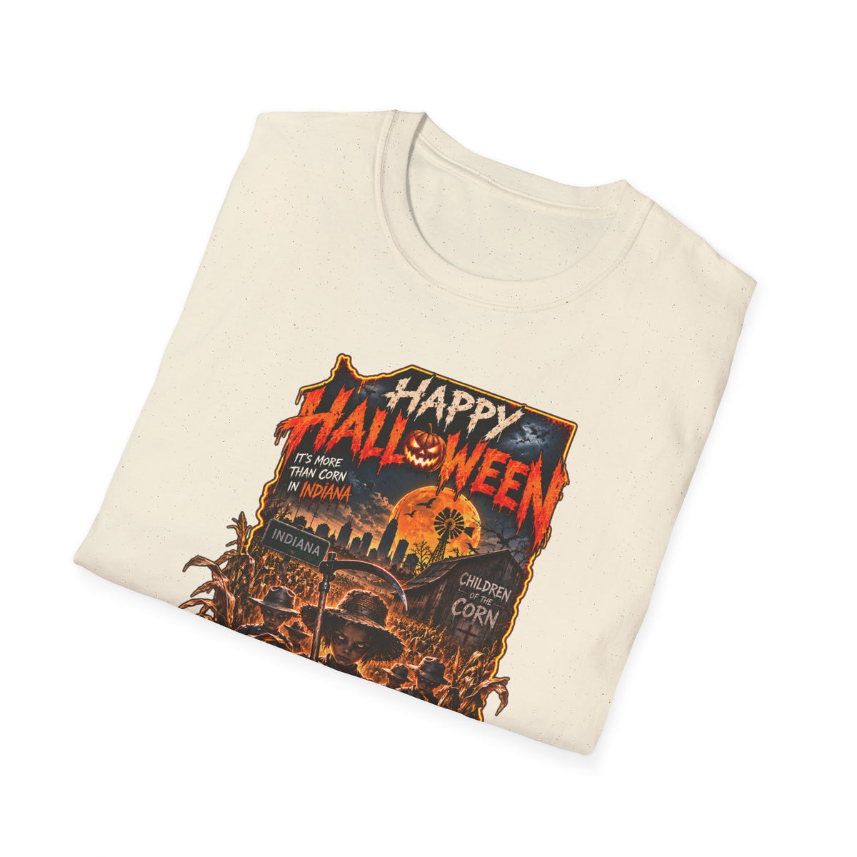 Happy Halloween Retro Tee — Moonlit Skull & Pumpkin Graveyard