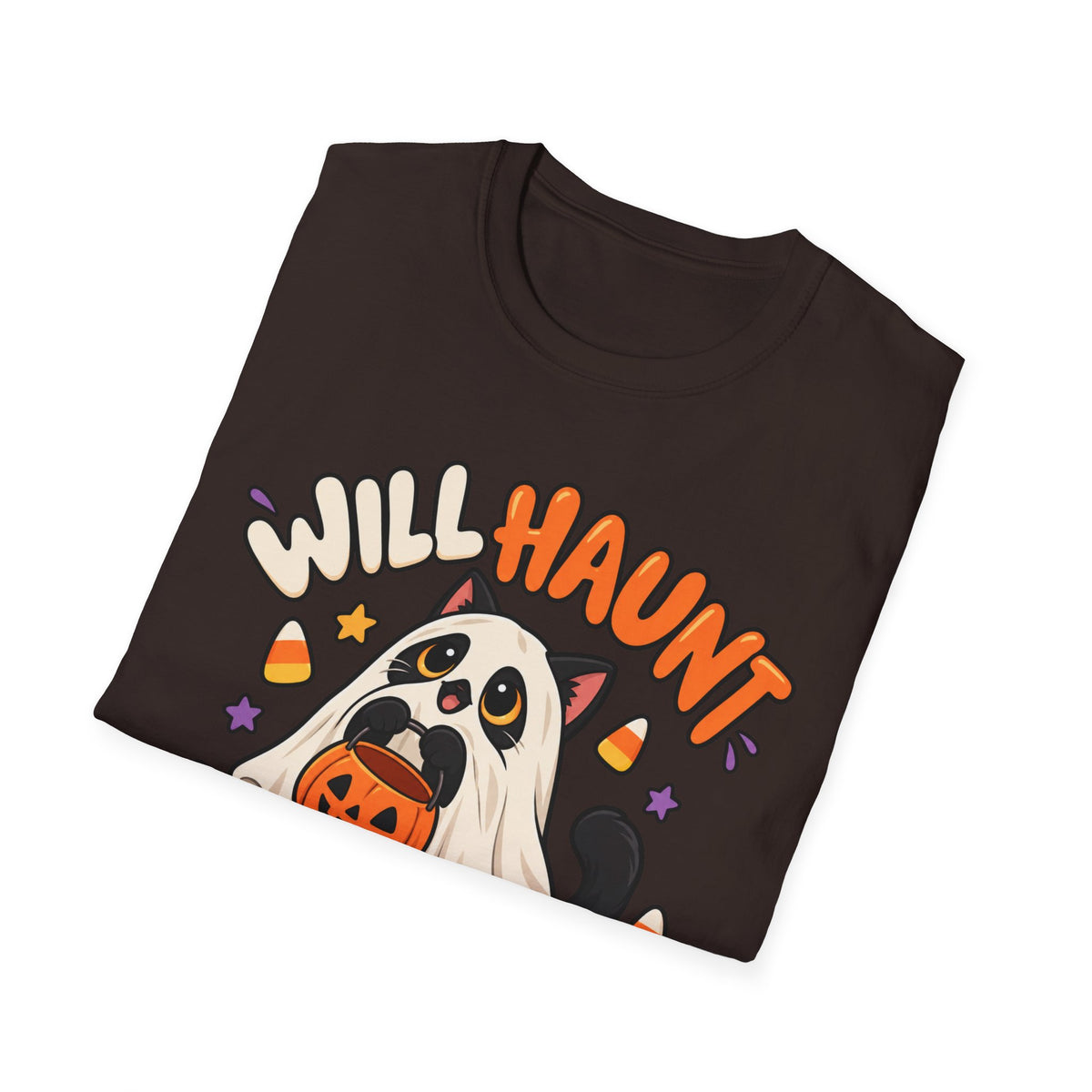 Halloween Ghost T-Shirt — "Will Haunt for Snacks" Cute Candy Costume Tee