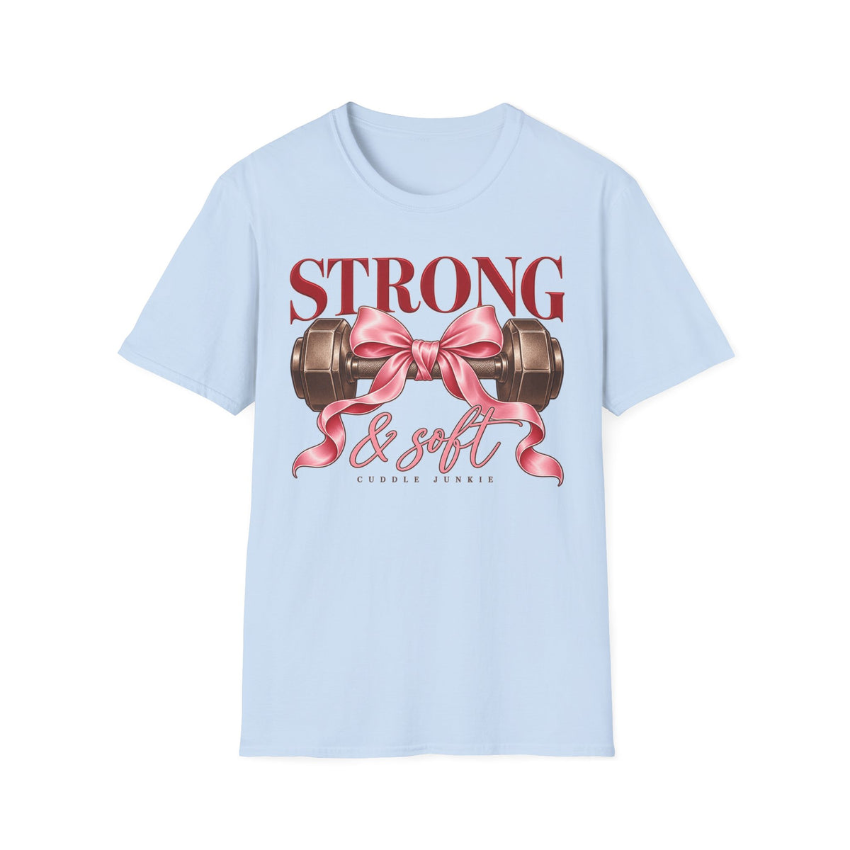 Strong & Soft T-Shirt — Dumbbell Graphic with Pink Ribbon (Fitness Gift)