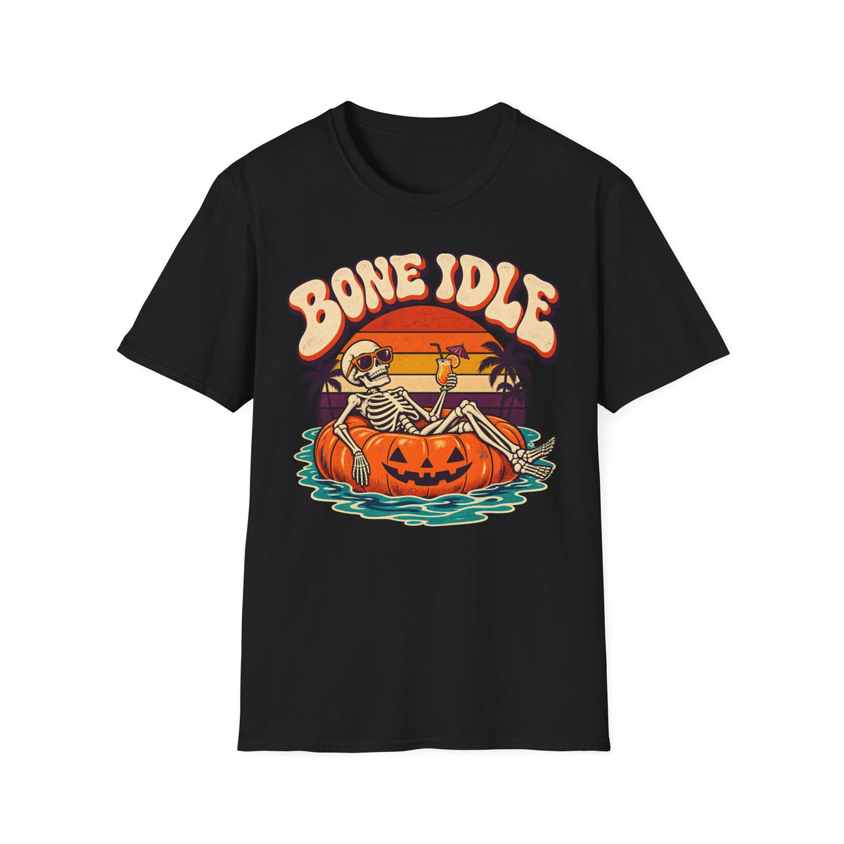 Bone Idle Skeleton Pumpkin T-Shirt — Retro Halloween Vacation Vibe