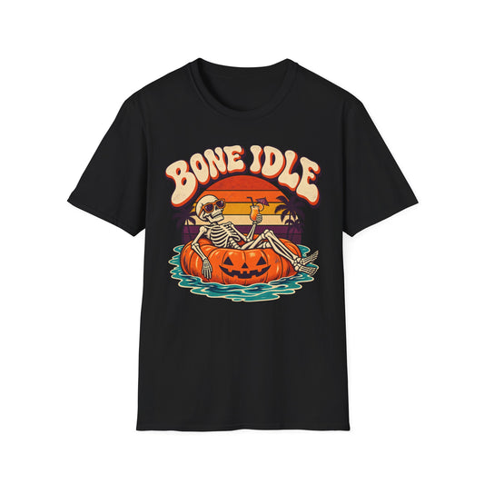 Bone Idle Skeleton Pumpkin T-Shirt — Retro Halloween Vacation Vibe