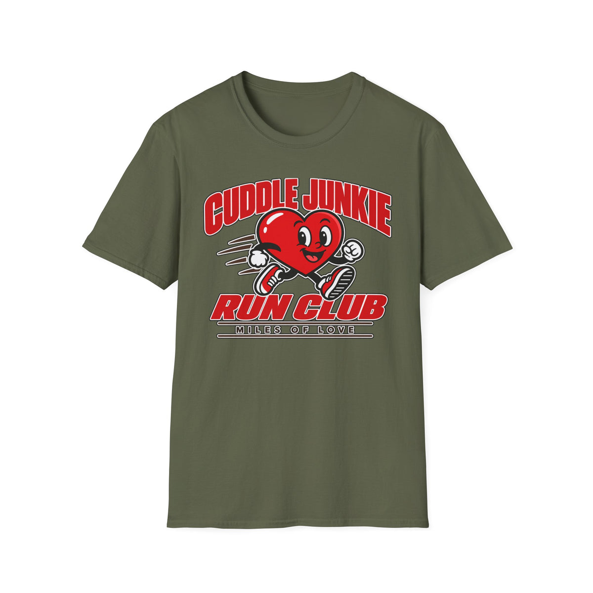 Cuddle Junkie Run Club T-Shirt — Retro Heart Runner Graphic Tee