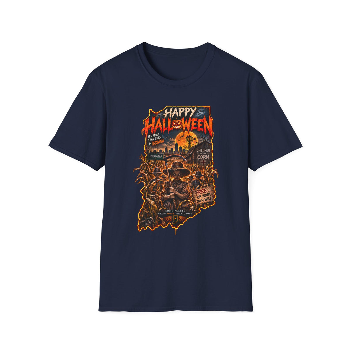 Happy Halloween Retro Tee — Moonlit Skull & Pumpkin Graveyard