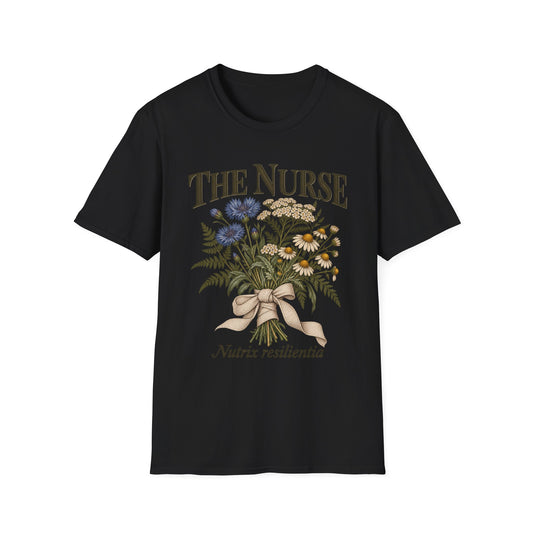 The Nurse Floral T-Shirt — Bouquet Design with 'Nutrix resilientia'