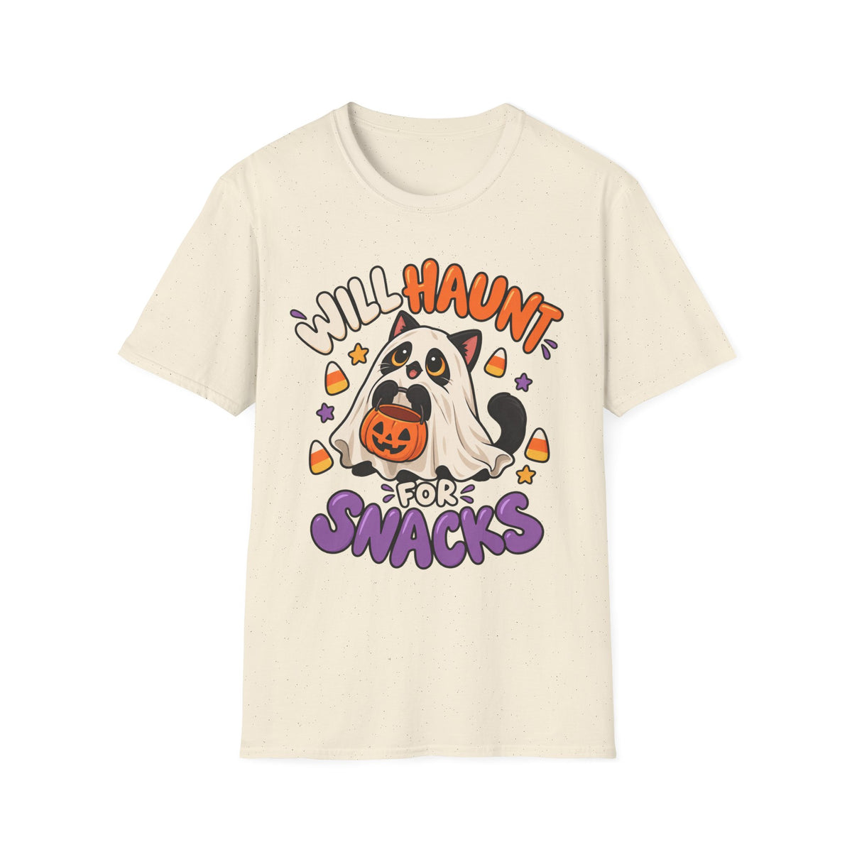 Halloween Ghost T-Shirt — "Will Haunt for Snacks" Cute Candy Costume Tee