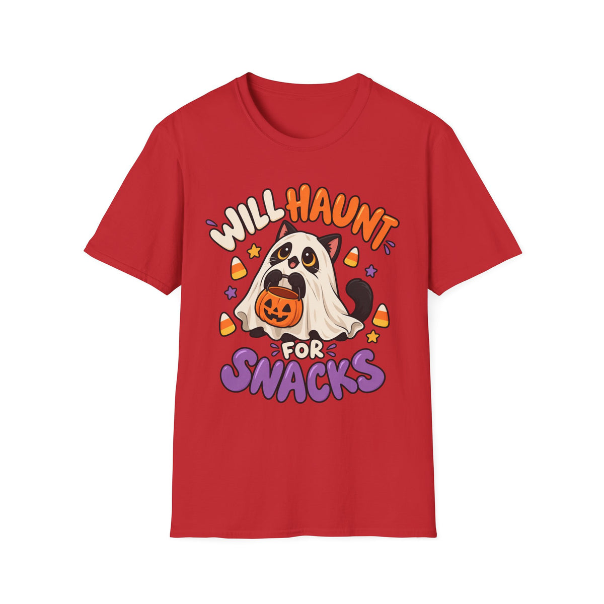 Halloween Ghost T-Shirt — "Will Haunt for Snacks" Cute Candy Costume Tee