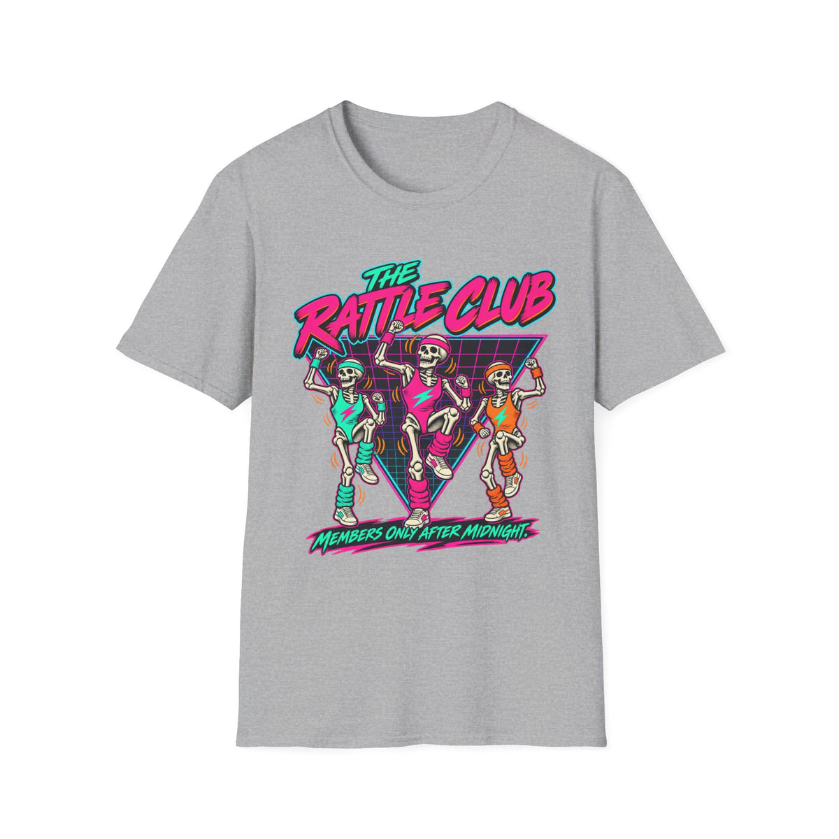 The Rattle Club T-Shirt — Retro Neon Skeletons "Members Only After Midnight"