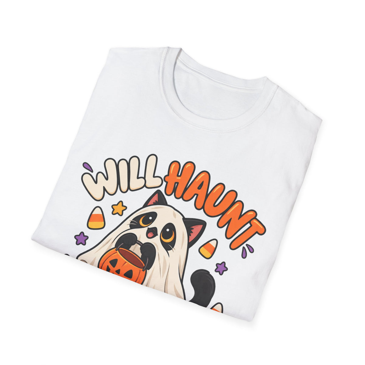 Halloween Ghost T-Shirt — "Will Haunt for Snacks" Cute Candy Costume Tee