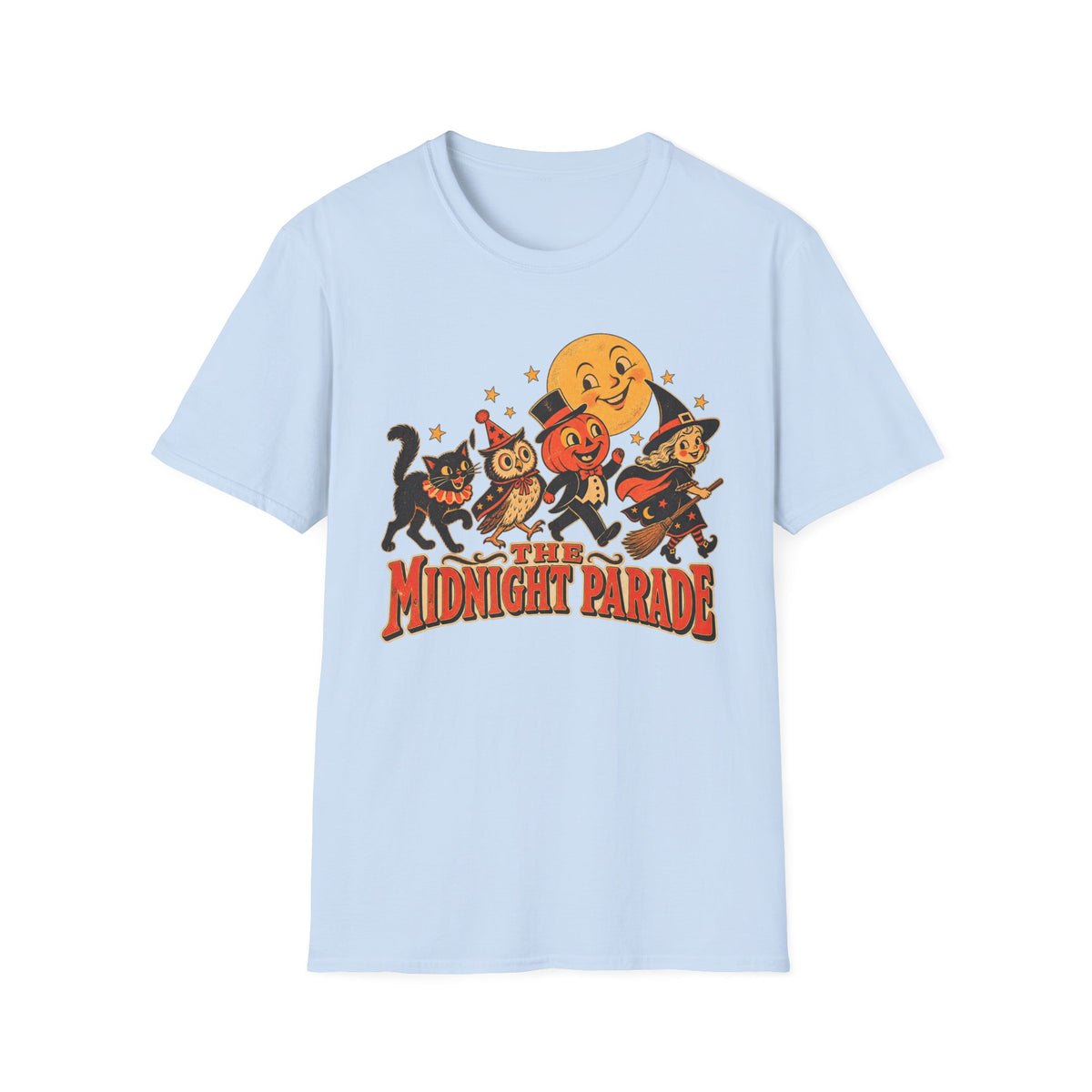 Midnight Parade Halloween T-Shirt — Retro Pumpkin, Witch & Black Cat Graphic