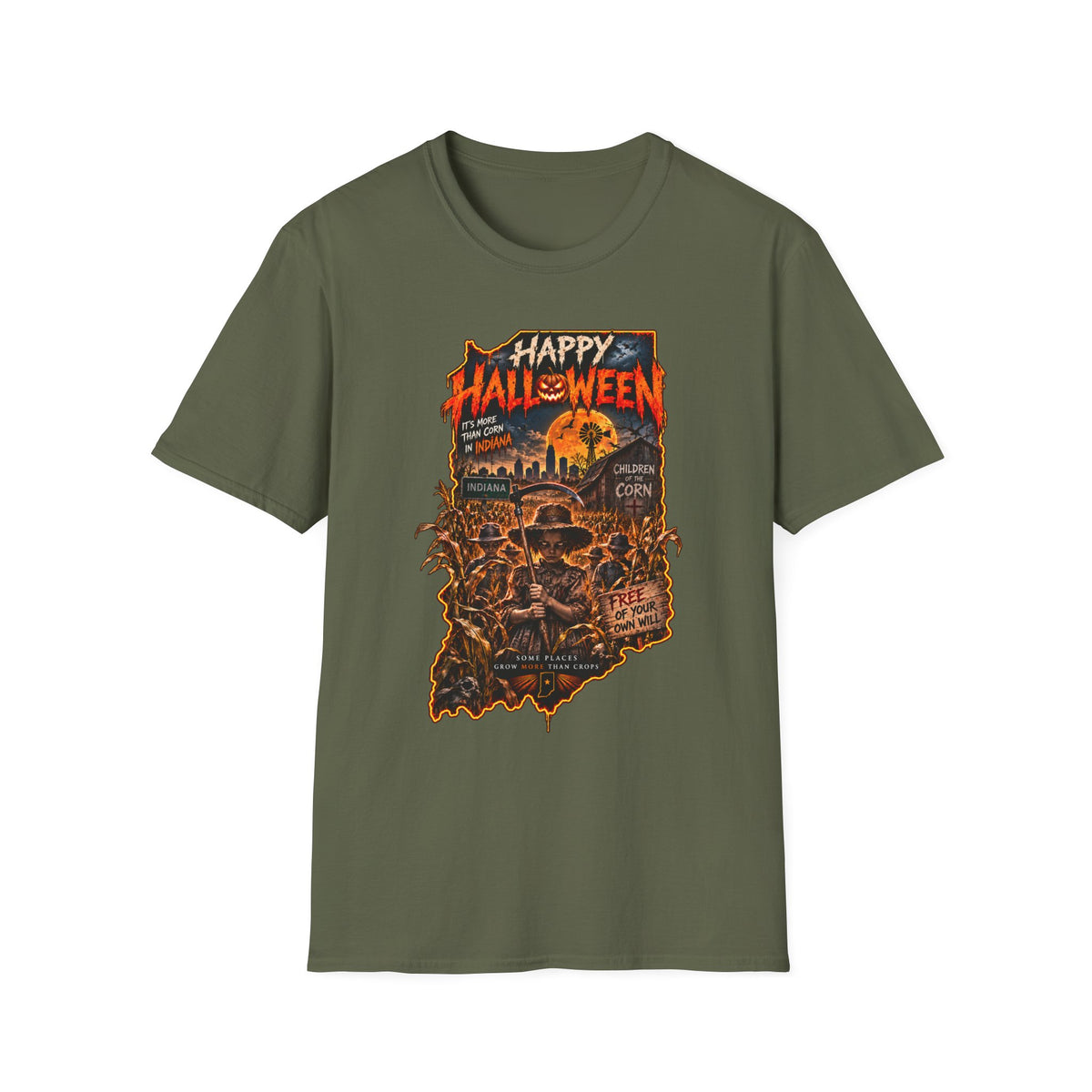 Happy Halloween Retro Tee — Moonlit Skull & Pumpkin Graveyard