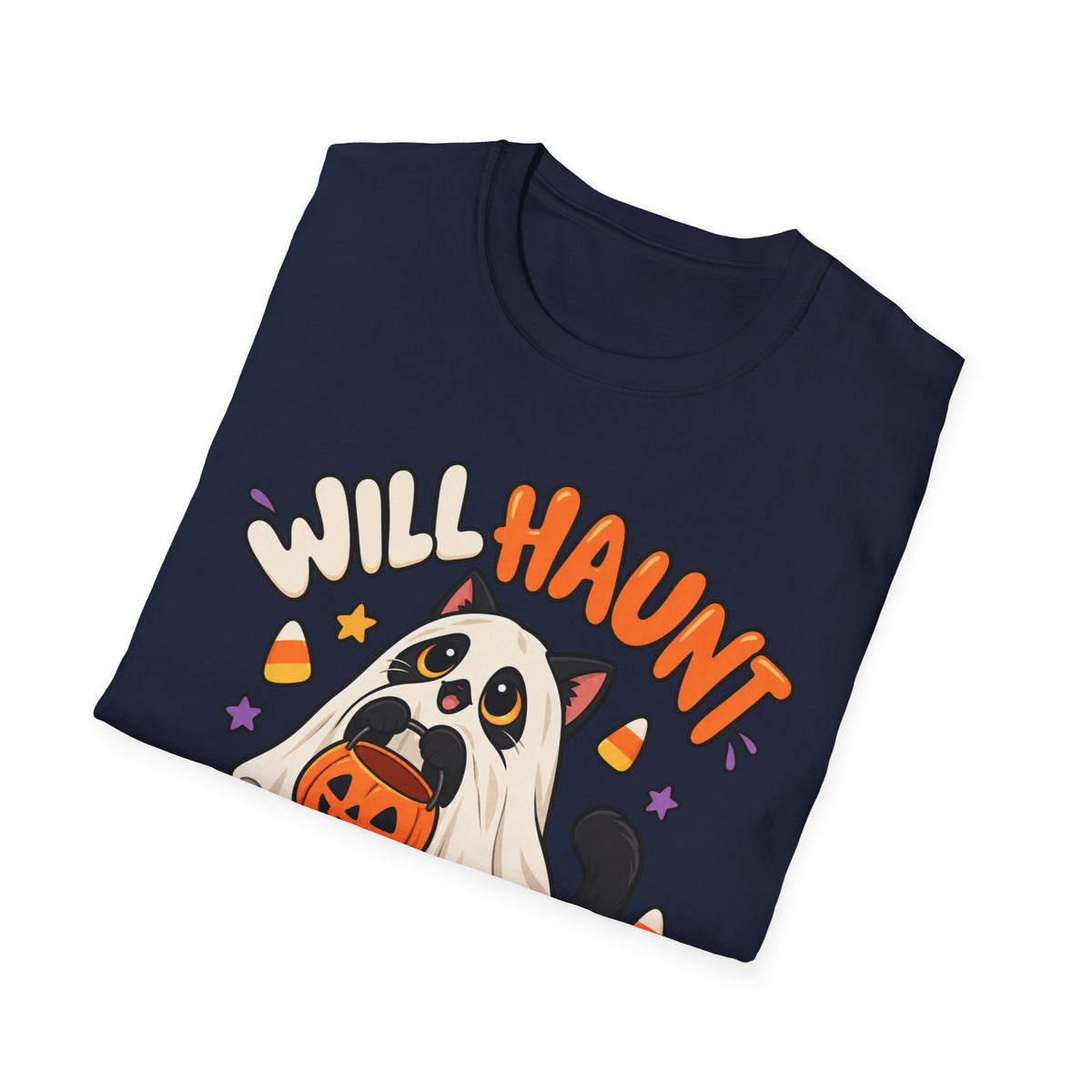 Halloween Ghost T-Shirt — "Will Haunt for Snacks" Cute Candy Costume Tee