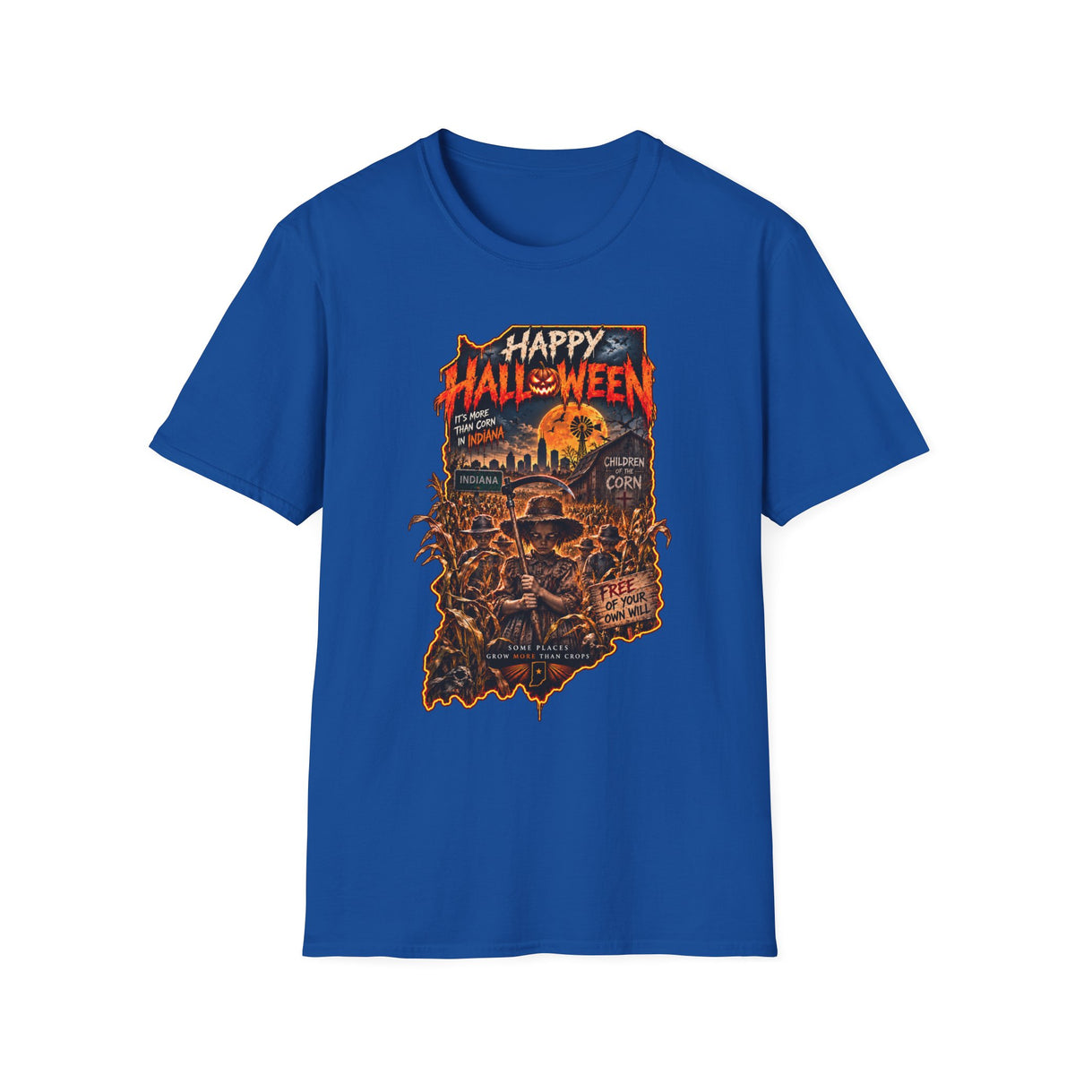 Happy Halloween Retro Tee — Moonlit Skull & Pumpkin Graveyard