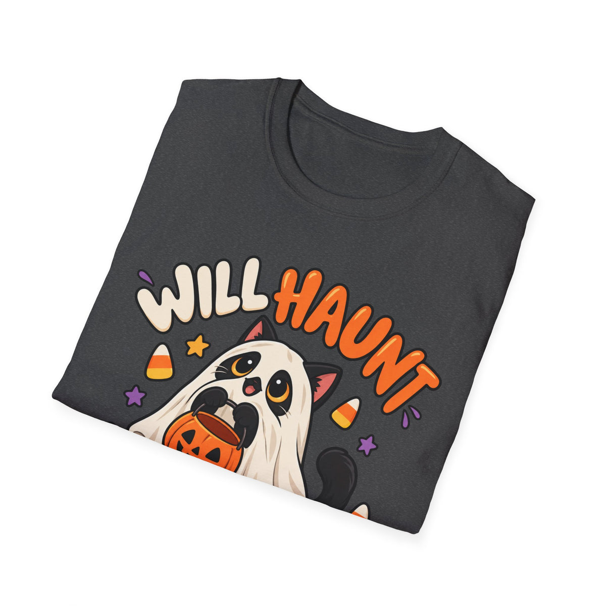 Halloween Ghost T-Shirt — "Will Haunt for Snacks" Cute Candy Costume Tee