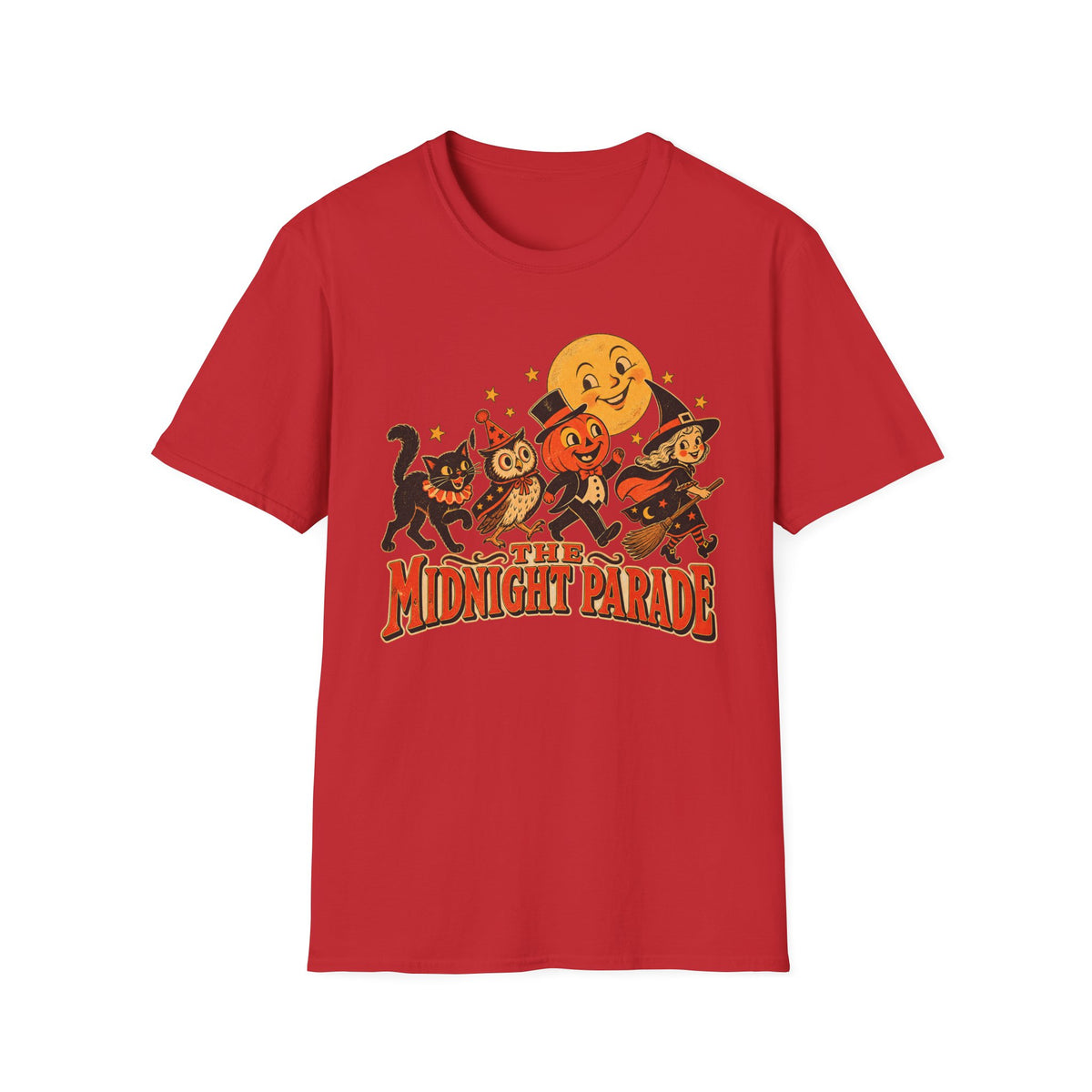 Midnight Parade Halloween T-Shirt — Retro Pumpkin, Witch & Black Cat Graphic