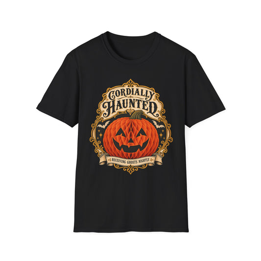 Cordially Haunted Pumpkin T-Shirt — Vintage Halloween Jack-O'-Lantern Tee