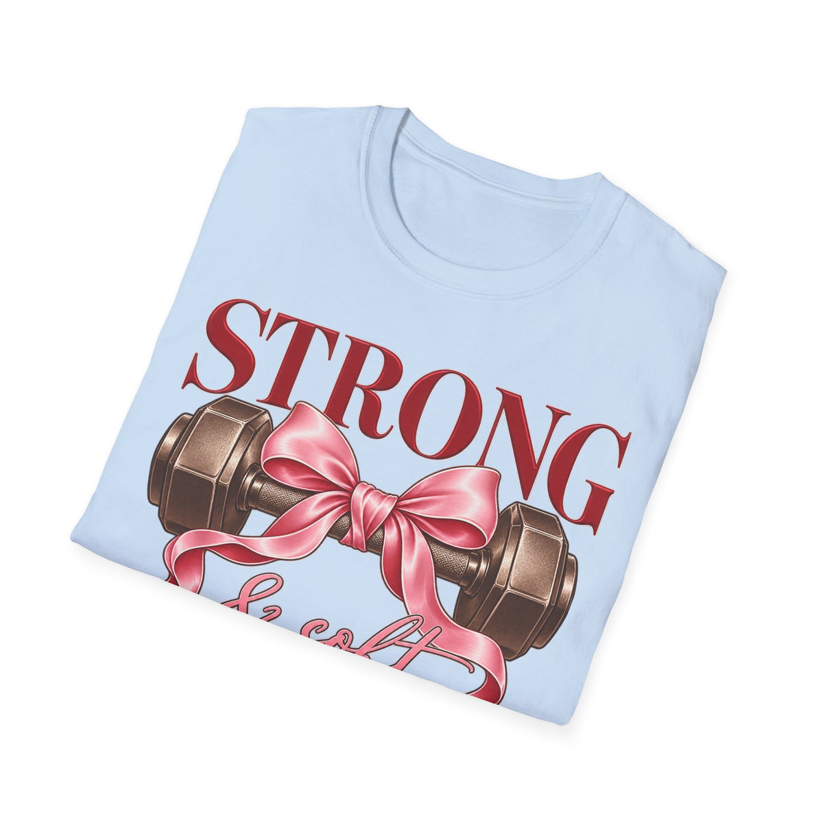 Strong & Soft T-Shirt — Dumbbell Graphic with Pink Ribbon (Fitness Gift)