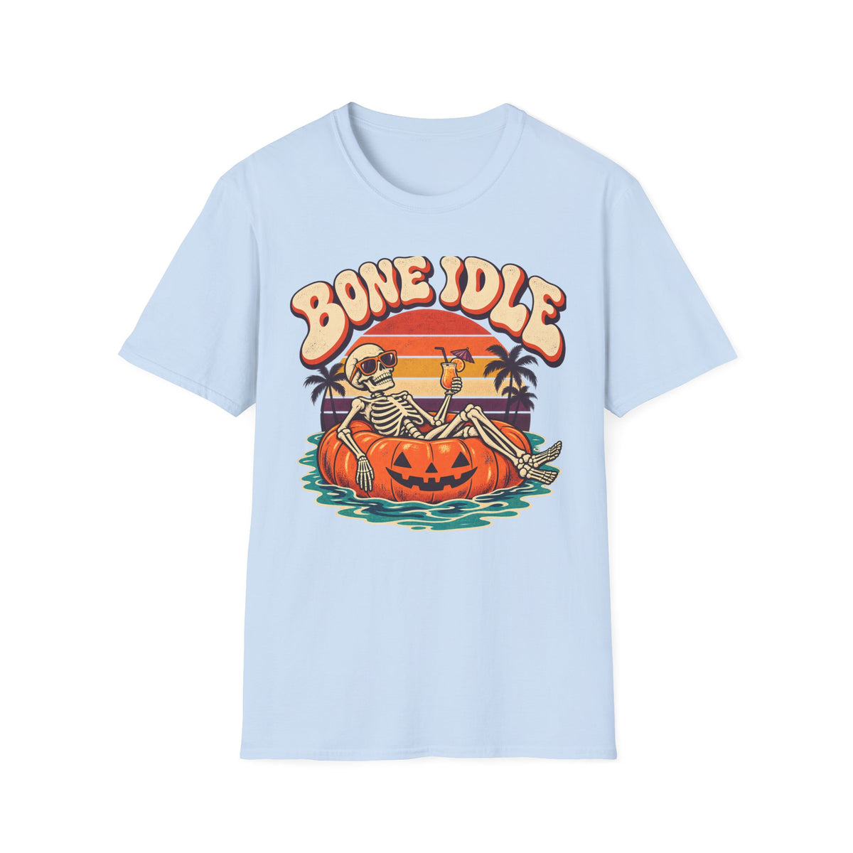 Bone Idle Skeleton Pumpkin T-Shirt — Retro Halloween Vacation Vibe
