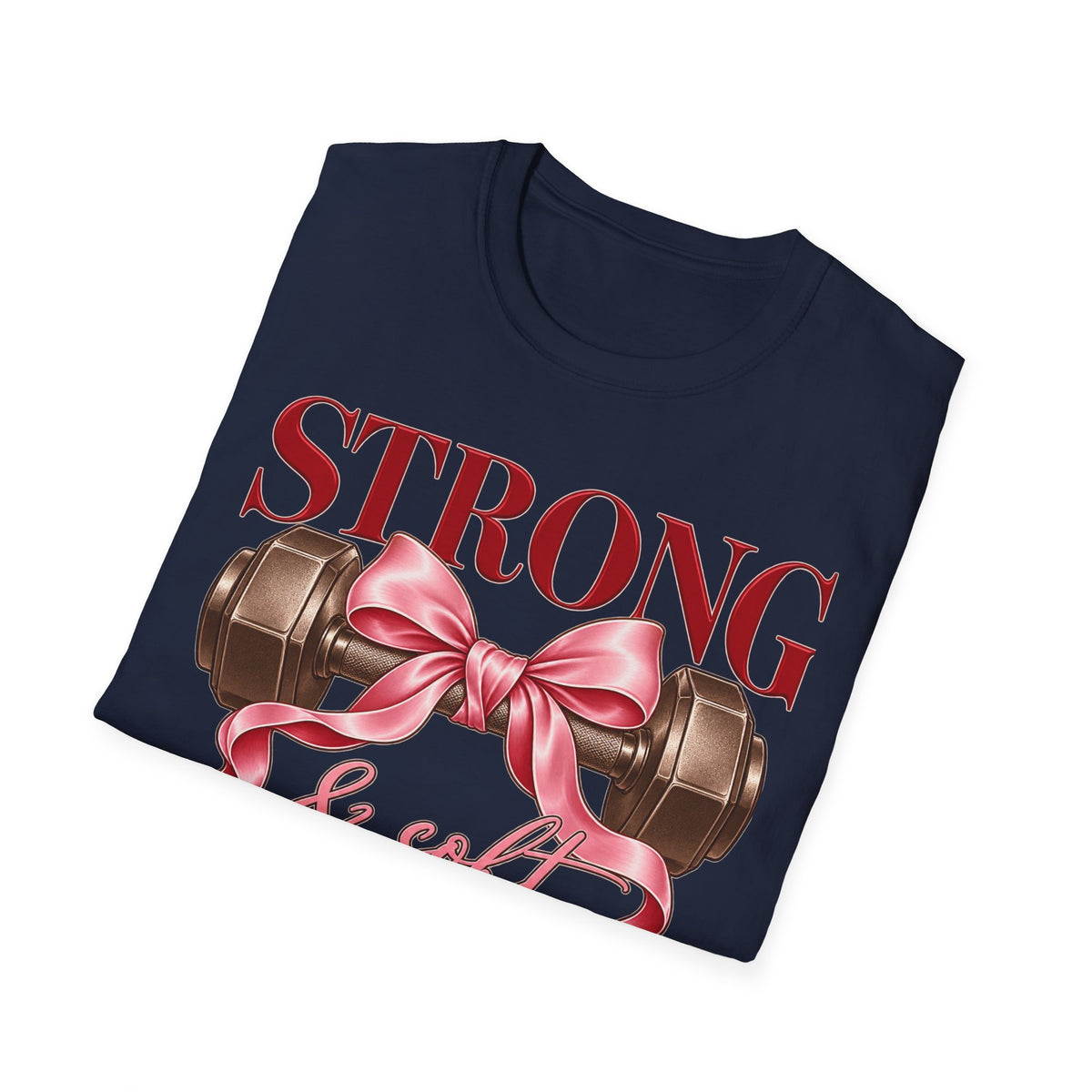 Strong & Soft T-Shirt — Dumbbell Graphic with Pink Ribbon (Fitness Gift)