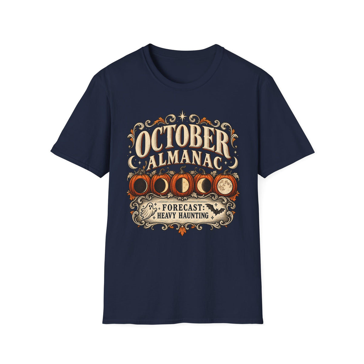 October Almanac T-Shirt — "Forecast: Heavy Haunting" Vintage Halloween Tee