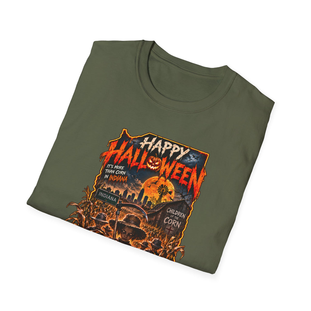 Happy Halloween Retro Tee — Moonlit Skull & Pumpkin Graveyard
