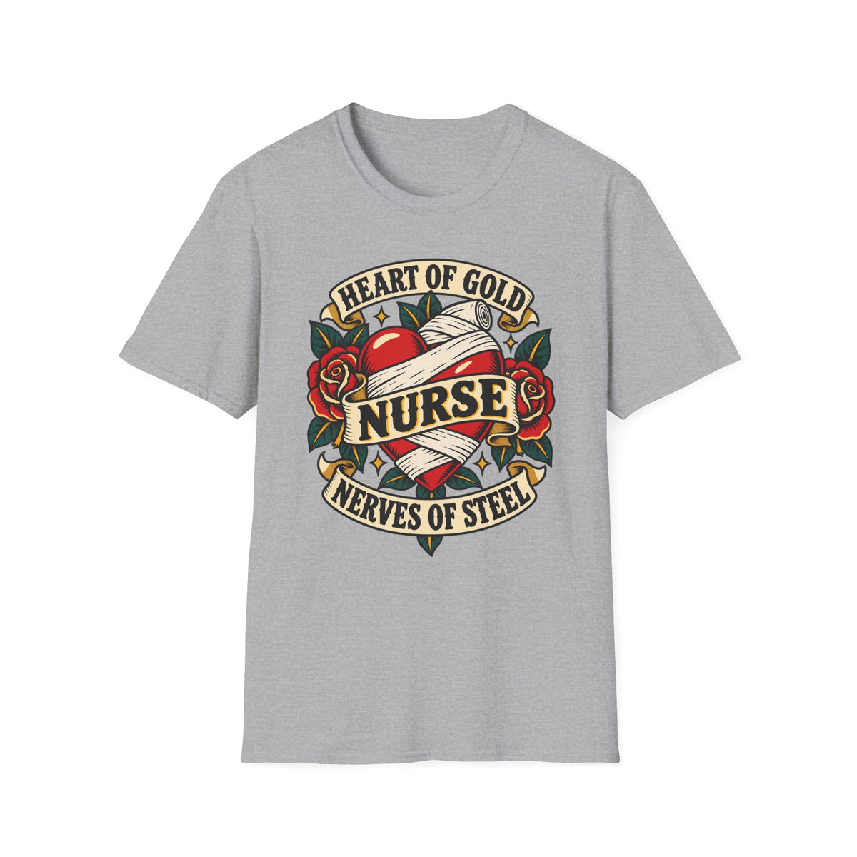 Nurse Tattoo Heart T-Shirt — "Heart of Gold, Nerves of Steel" Retro Nursing Tee