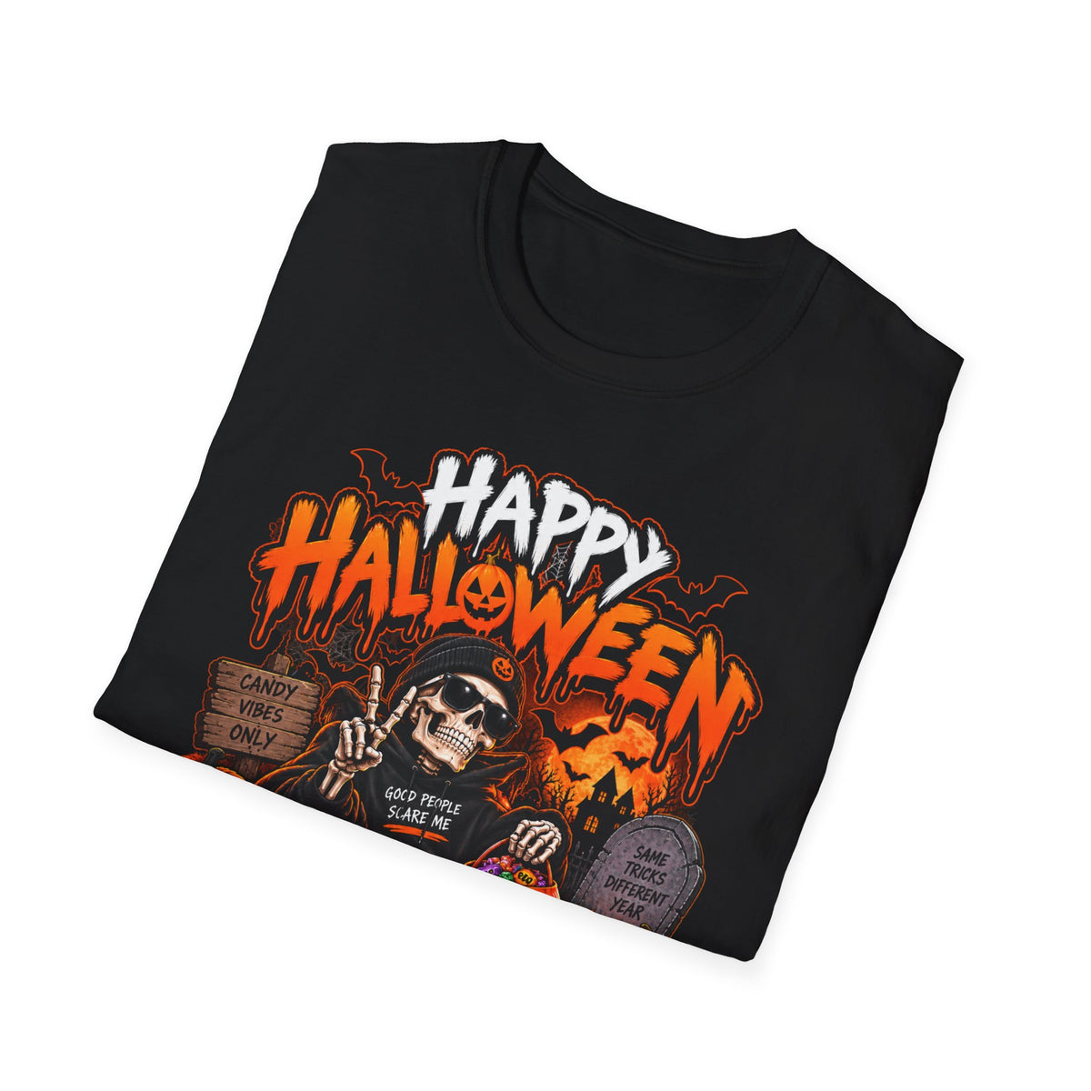 Happy Halloween Skeleton T-Shirt — Trick or Treat Pumpkin Graphic Tee