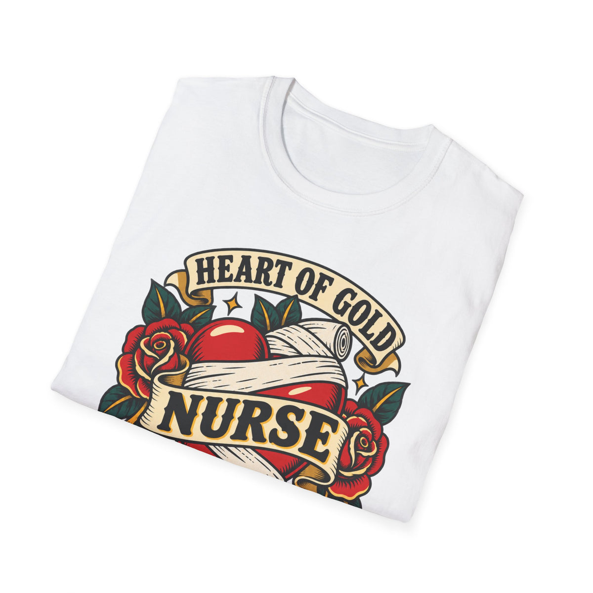 Nurse Tattoo Heart T-Shirt — "Heart of Gold, Nerves of Steel" Retro Nursing Tee