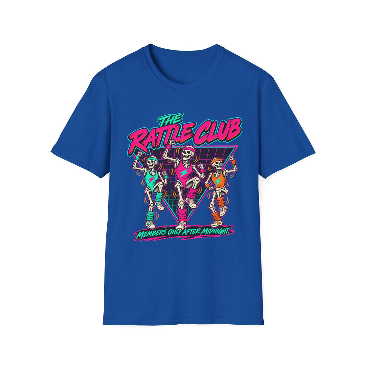 The Rattle Club T-Shirt — Retro Neon Skeletons "Members Only After Midnight"