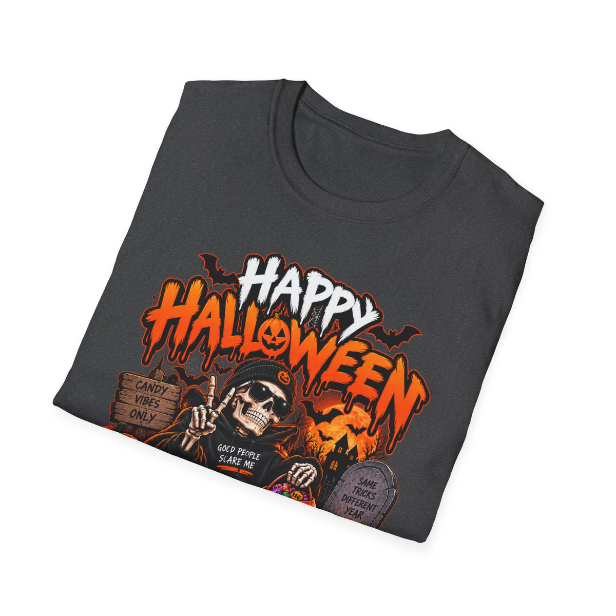 Happy Halloween Skeleton T-Shirt — Trick or Treat Pumpkin Graphic Tee