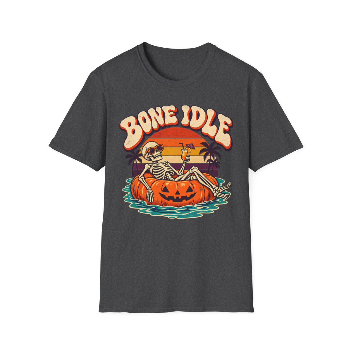 Bone Idle Skeleton Pumpkin T-Shirt — Retro Halloween Vacation Vibe