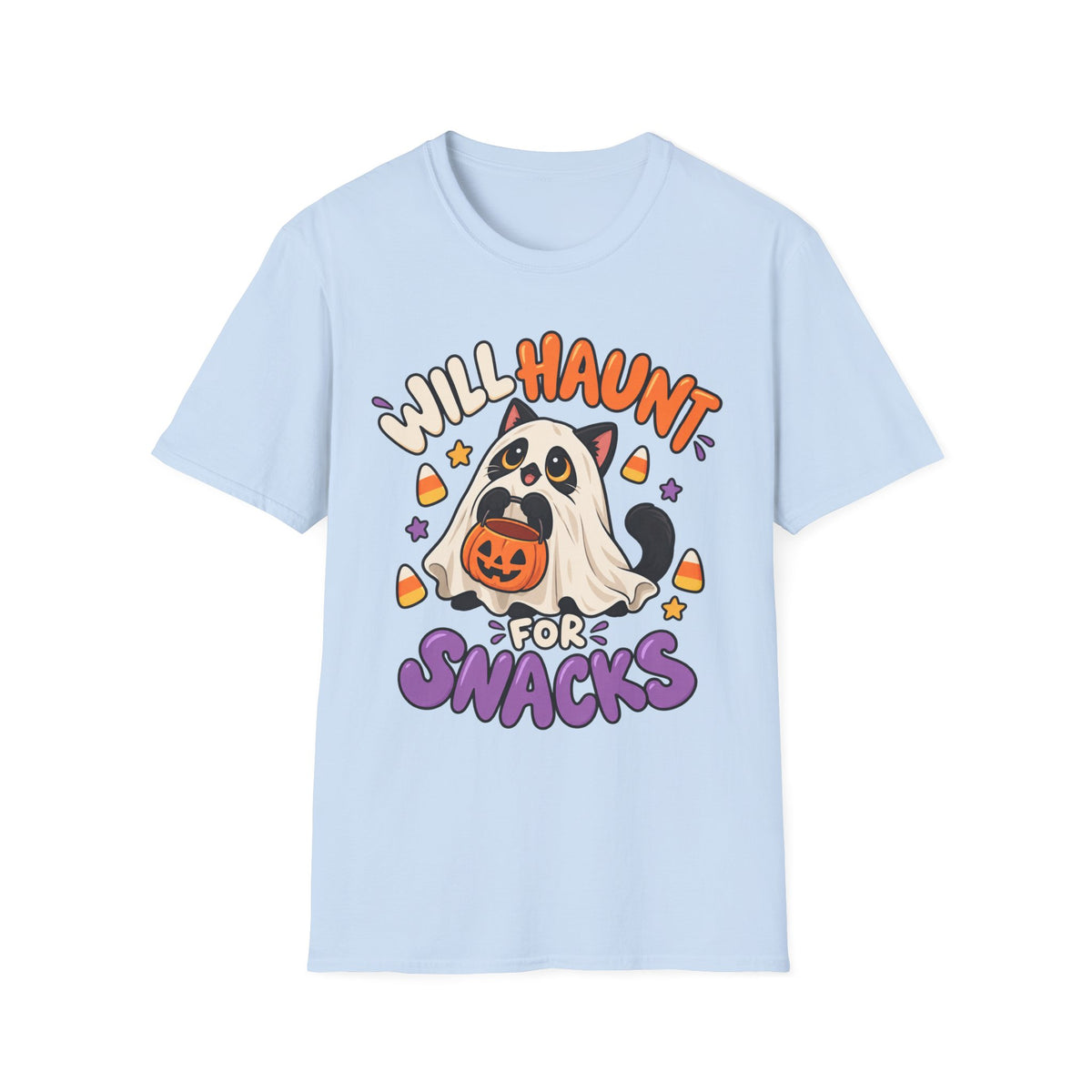 Halloween Ghost T-Shirt — "Will Haunt for Snacks" Cute Candy Costume Tee