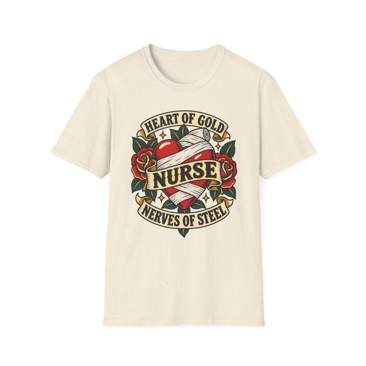 Nurse Tattoo Heart T-Shirt — "Heart of Gold, Nerves of Steel" Retro Nursing Tee