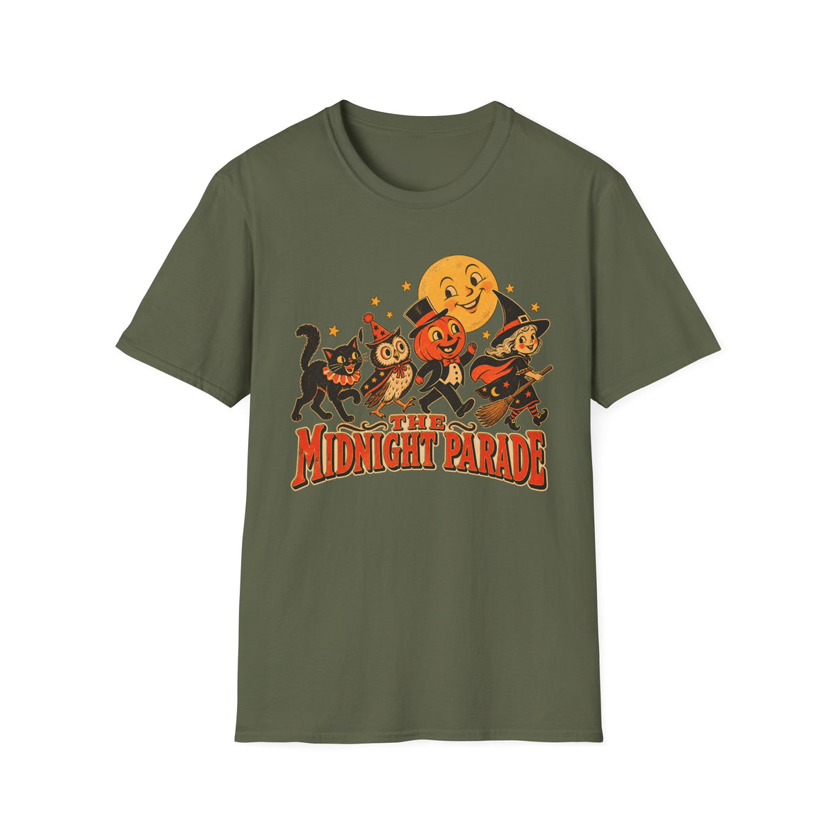 Midnight Parade Halloween T-Shirt — Retro Pumpkin, Witch & Black Cat Graphic