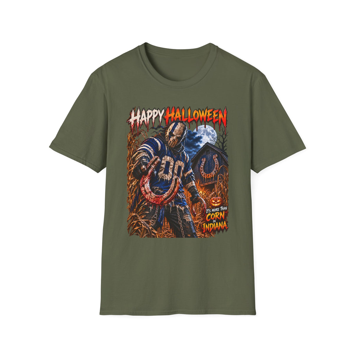 Halloween Scarecrow T-Shirt — "Happy Halloween" Cornfield Nightmare Tee