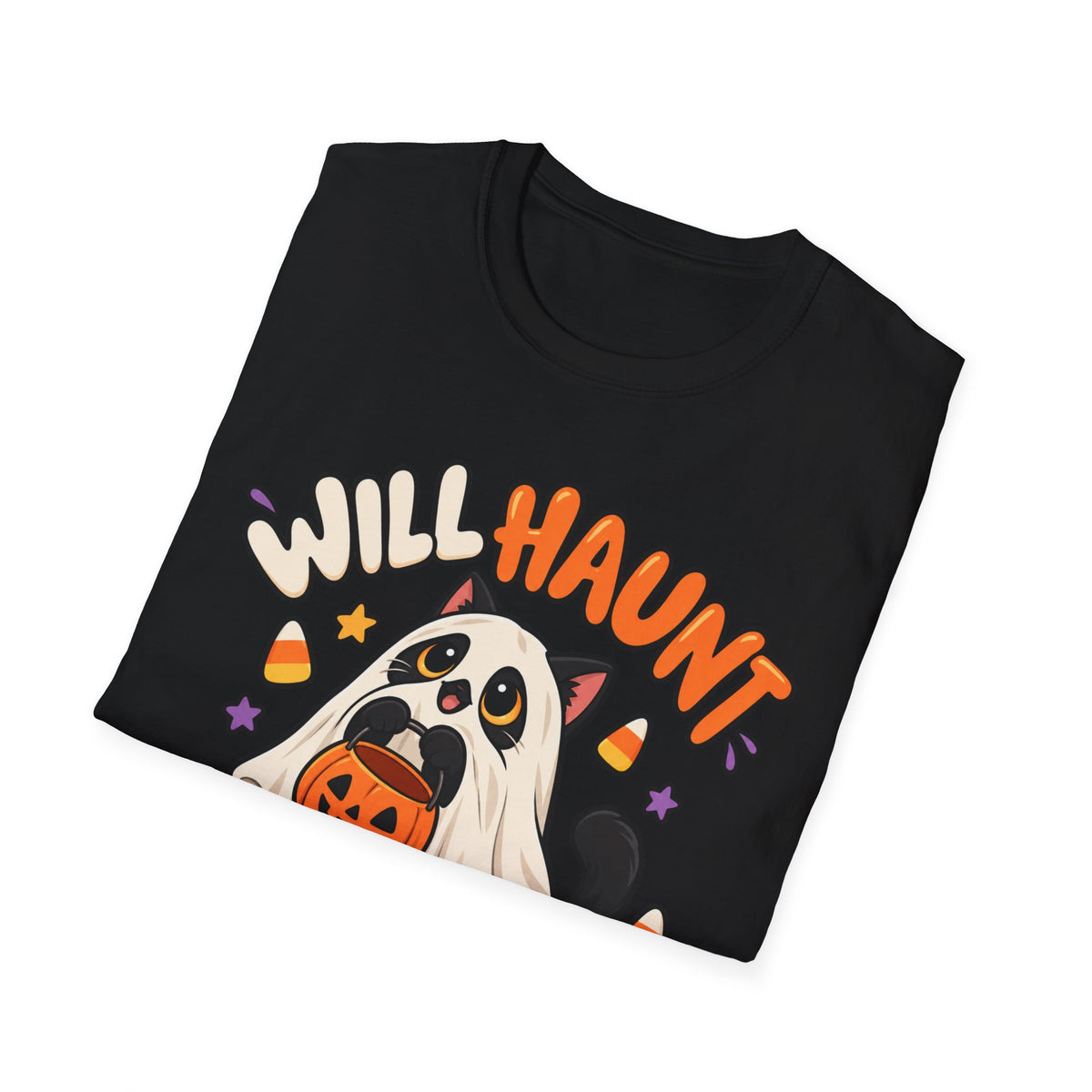 Halloween Ghost T-Shirt — "Will Haunt for Snacks" Cute Candy Costume Tee
