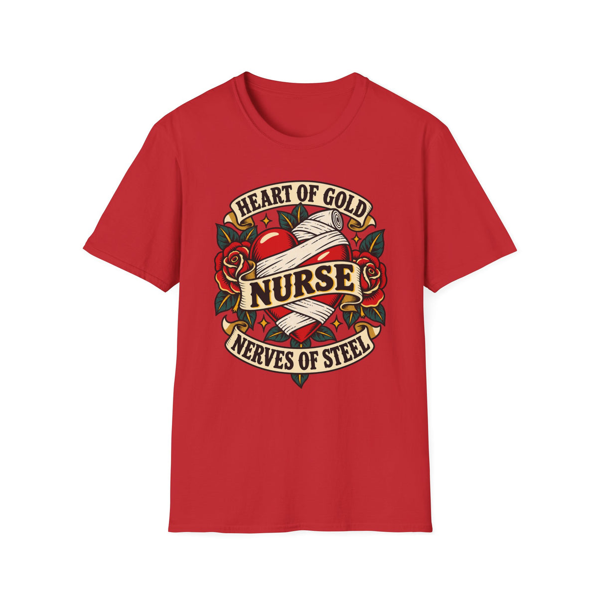 Nurse Tattoo Heart T-Shirt — "Heart of Gold, Nerves of Steel" Retro Nursing Tee