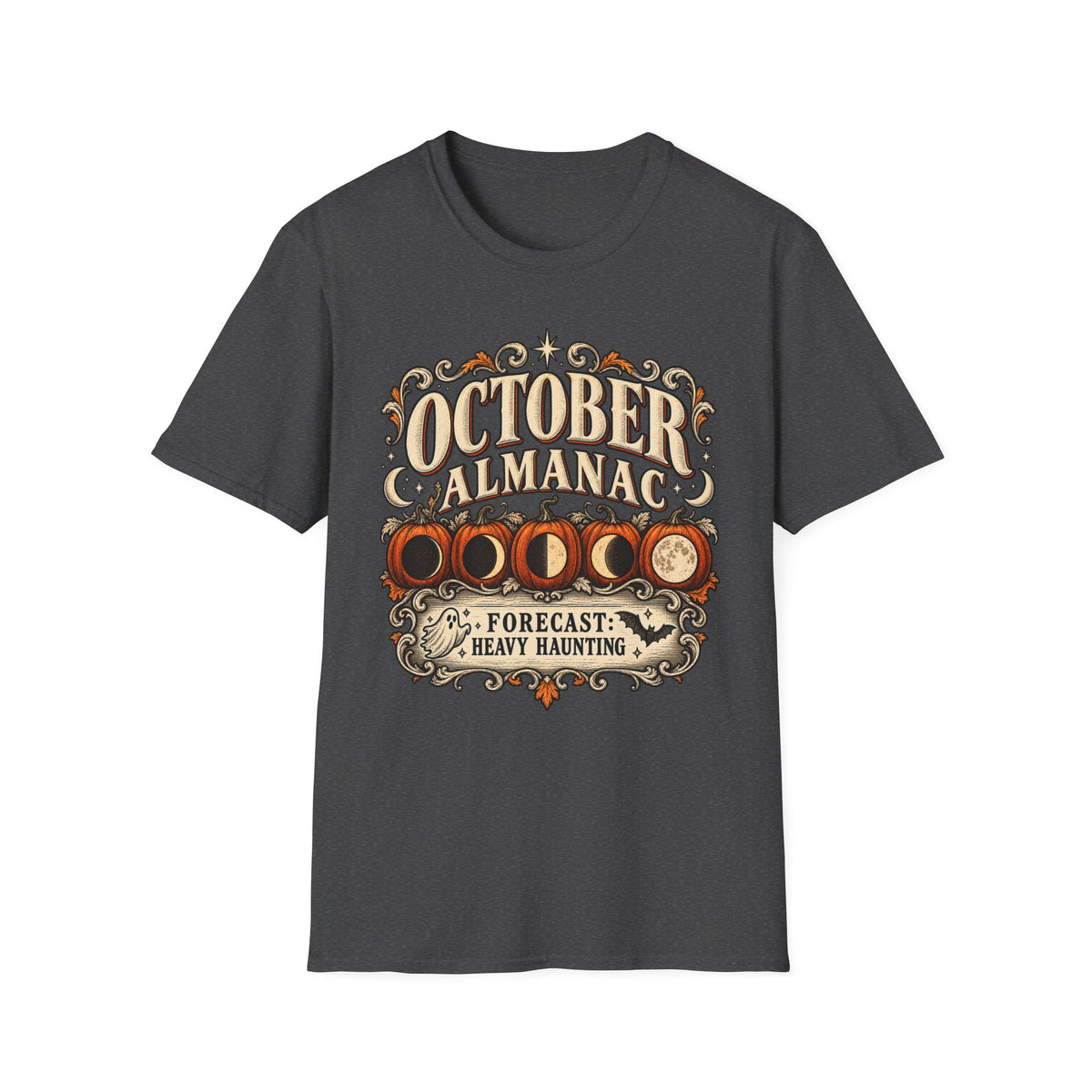October Almanac T-Shirt — "Forecast: Heavy Haunting" Vintage Halloween Tee