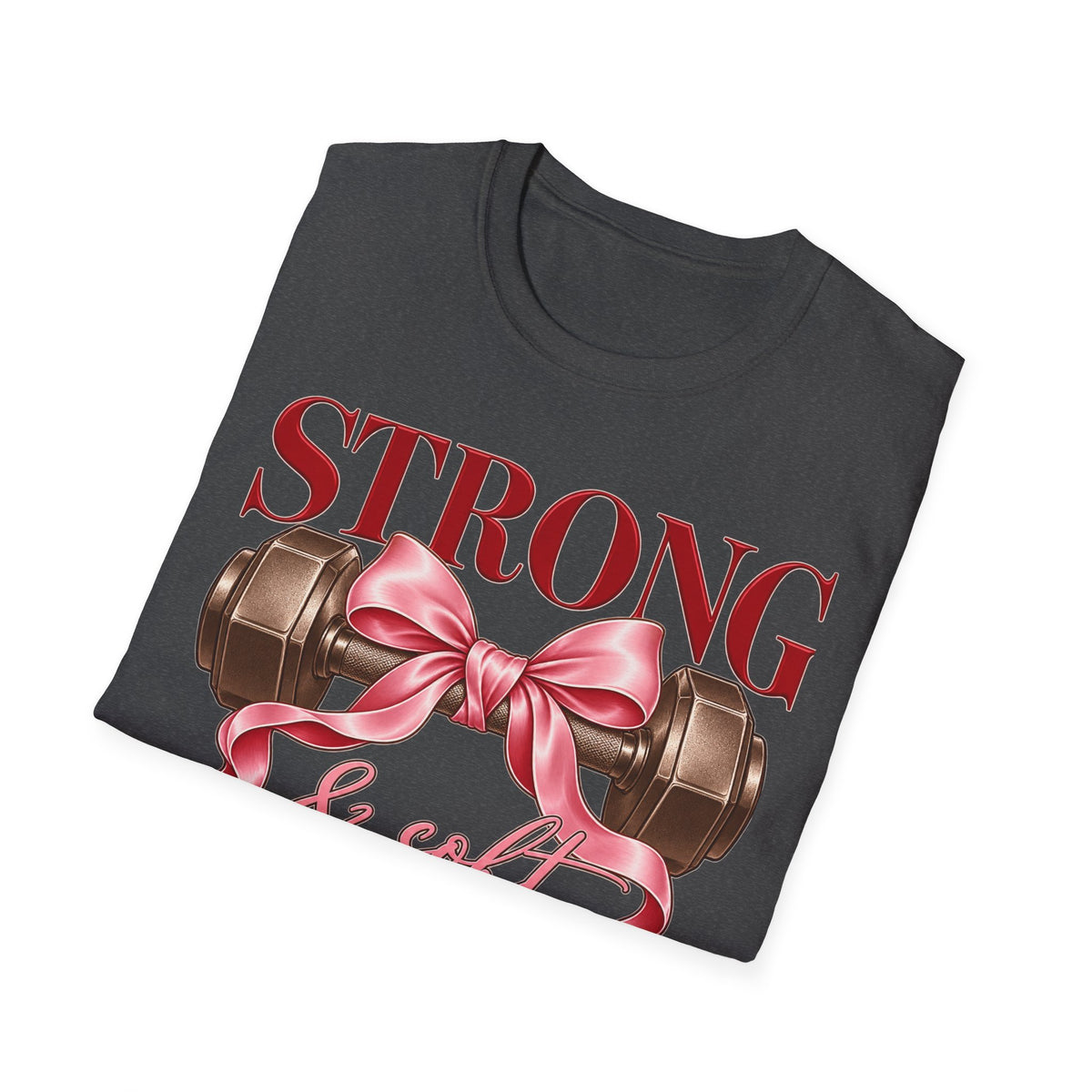 Strong & Soft T-Shirt — Dumbbell Graphic with Pink Ribbon (Fitness Gift)