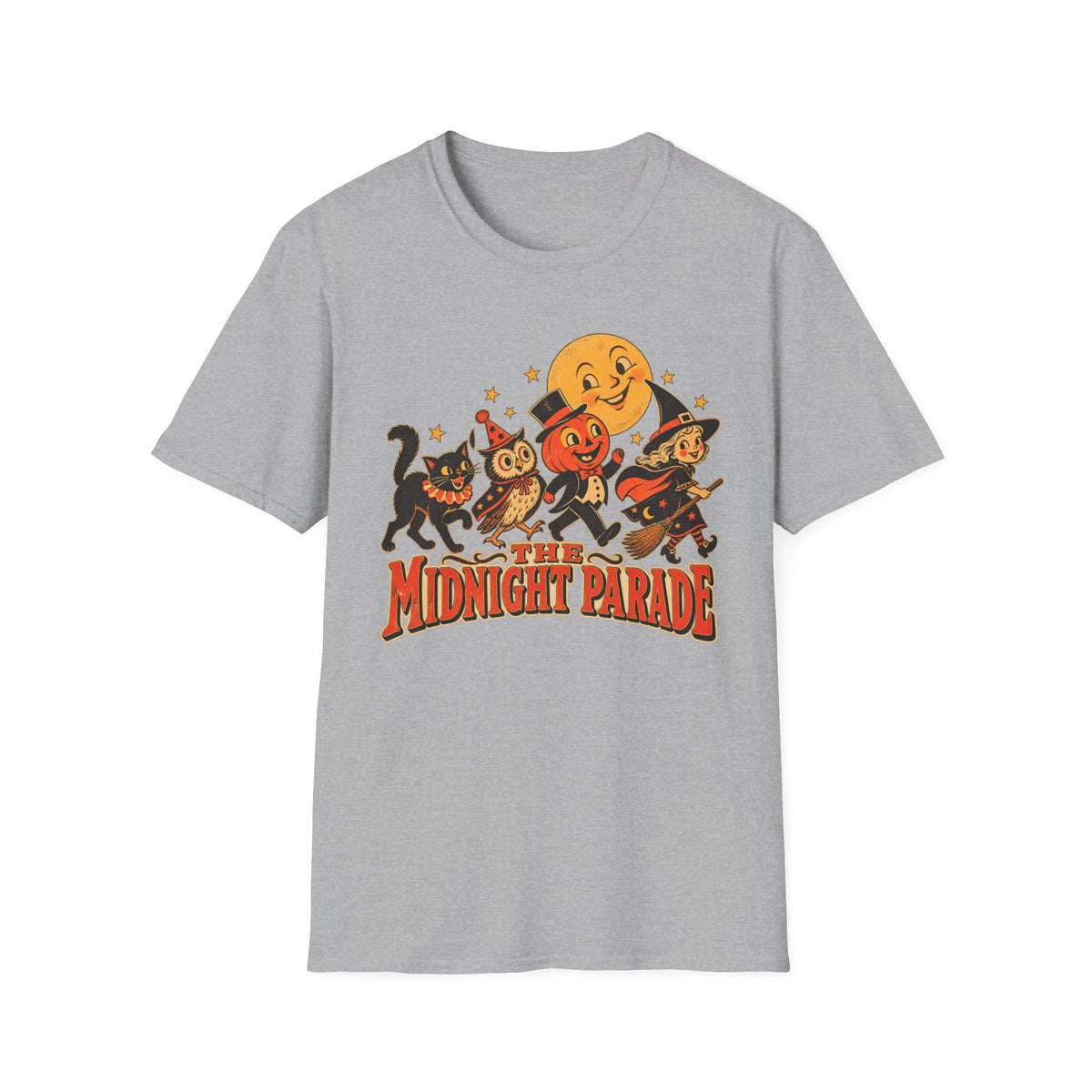 Midnight Parade Halloween T-Shirt — Retro Pumpkin, Witch & Black Cat Graphic
