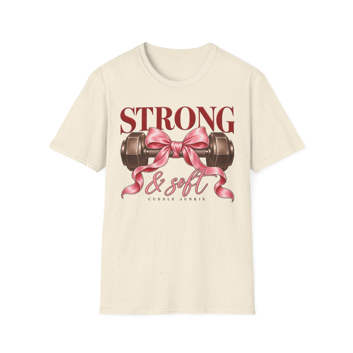 Strong & Soft T-Shirt — Dumbbell Graphic with Pink Ribbon (Fitness Gift)