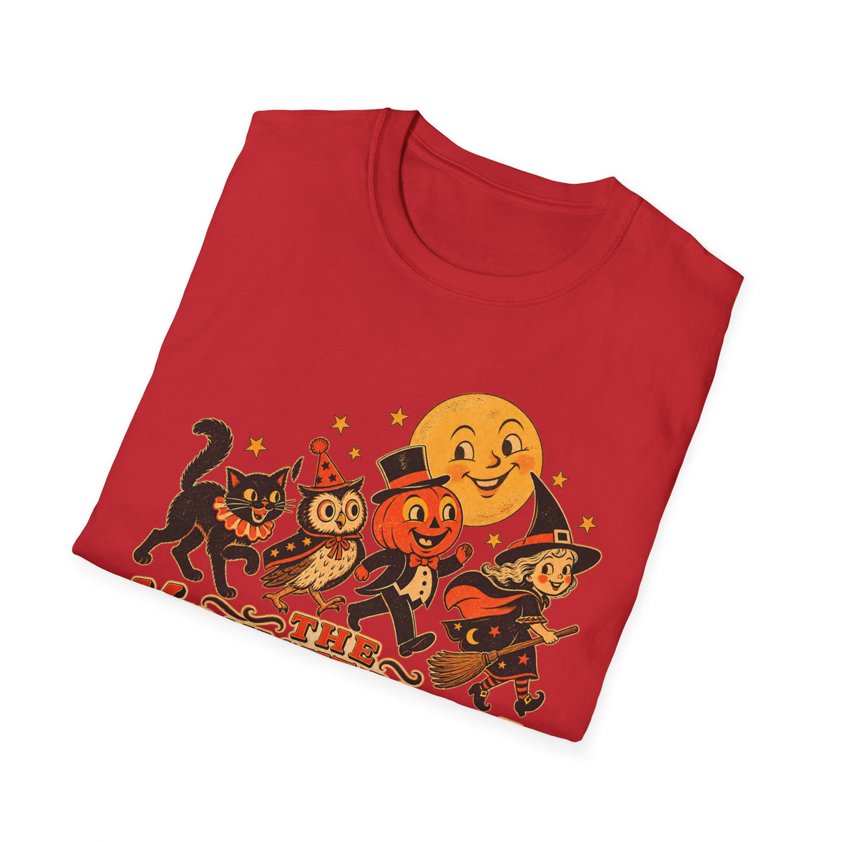 Midnight Parade Halloween T-Shirt — Retro Pumpkin, Witch & Black Cat Graphic