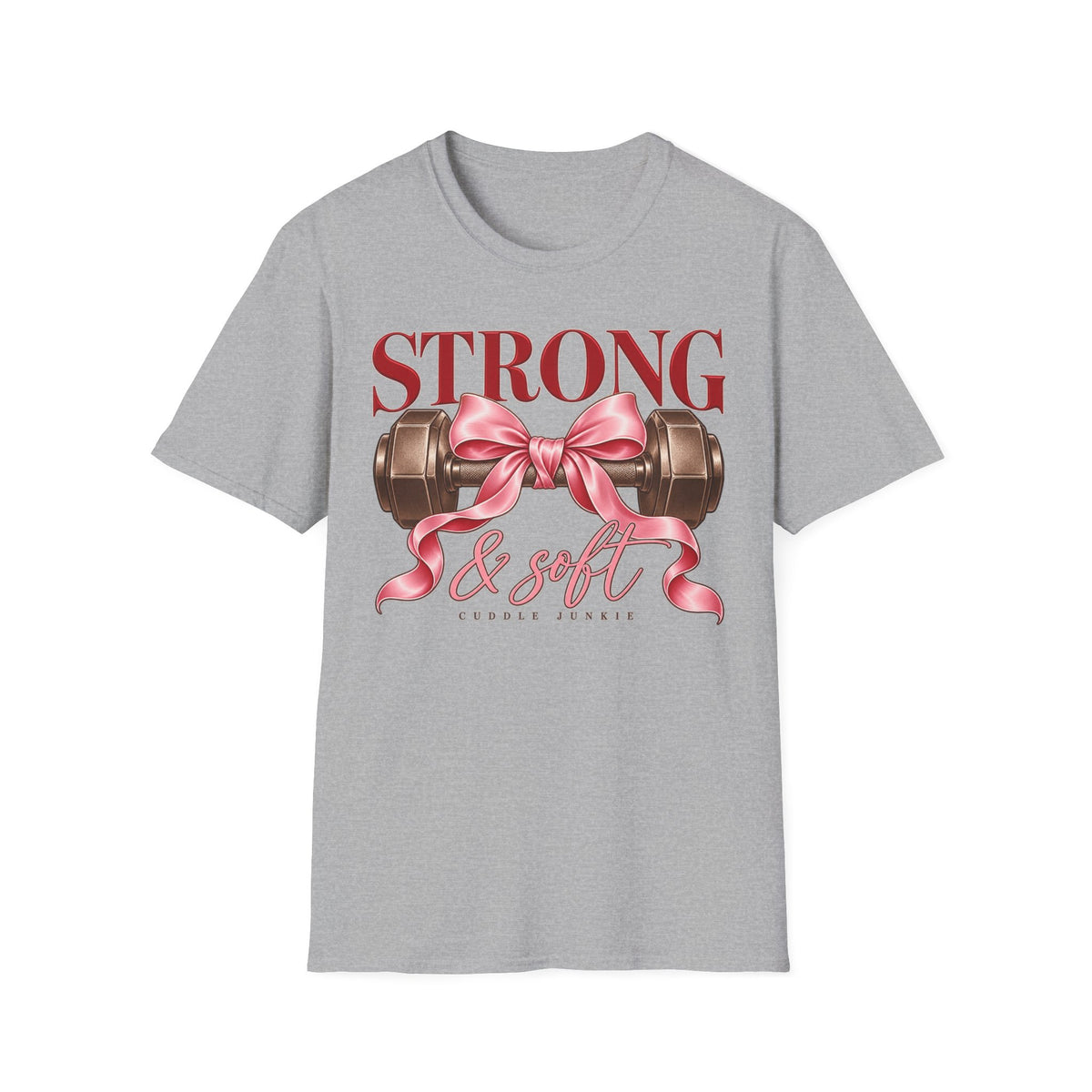 Strong & Soft T-Shirt — Dumbbell Graphic with Pink Ribbon (Fitness Gift)