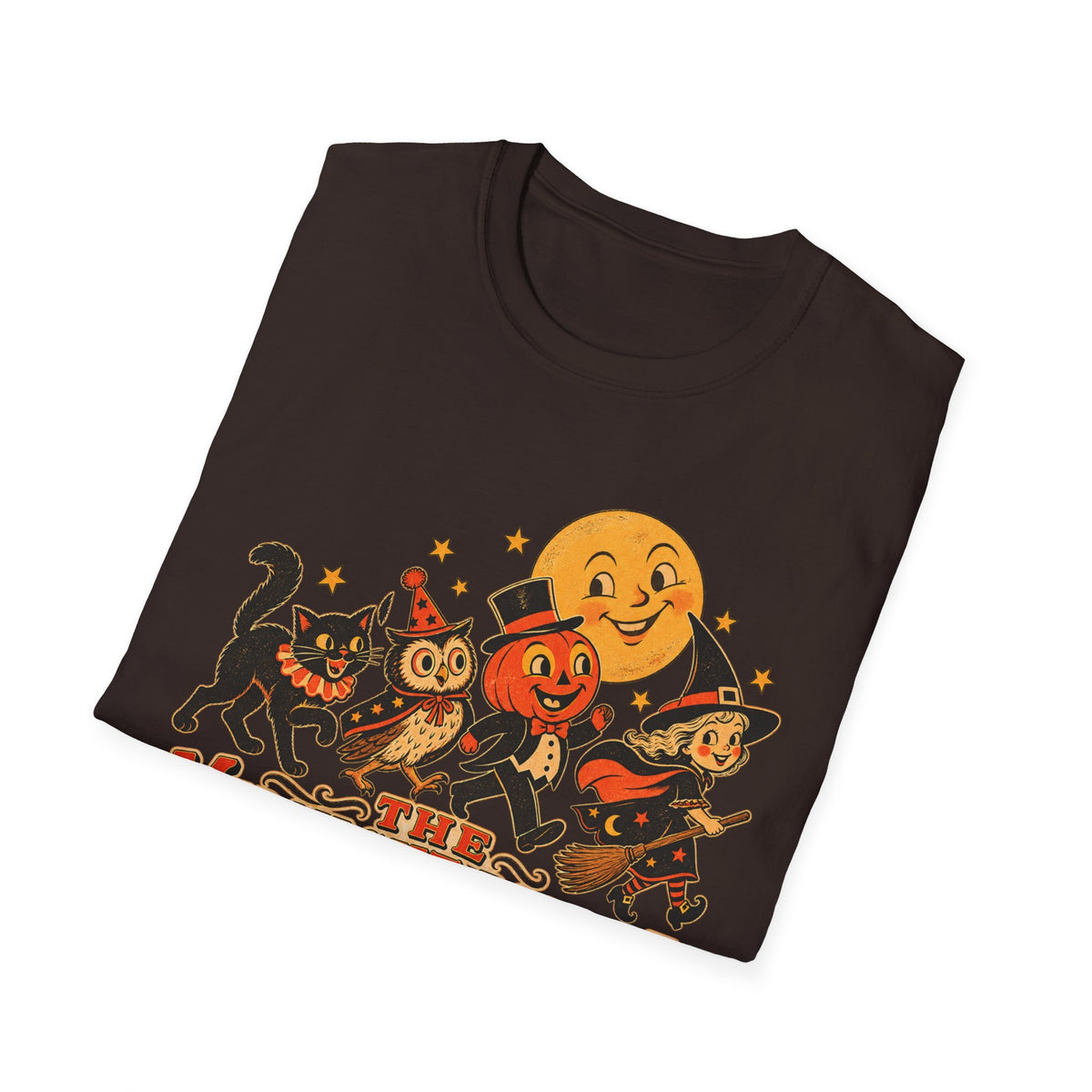 Midnight Parade Halloween T-Shirt — Retro Pumpkin, Witch & Black Cat Graphic