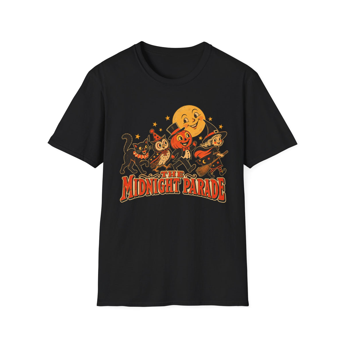 Midnight Parade Halloween T-Shirt — Retro Pumpkin, Witch & Black Cat Graphic